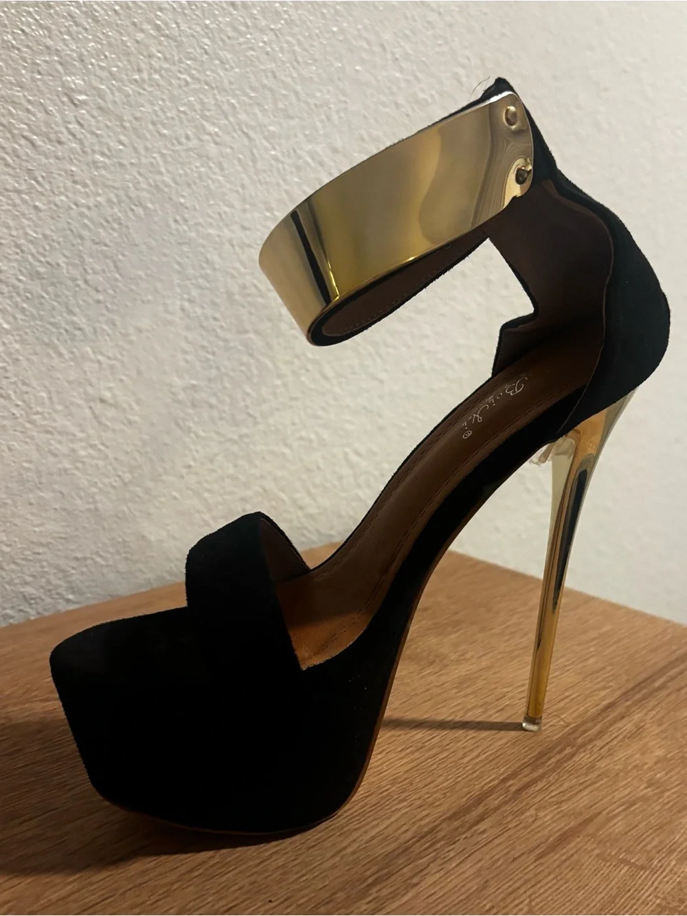 NWOT - Black Suede Stiletto Sandals with Gold Accent Ankle Cuff